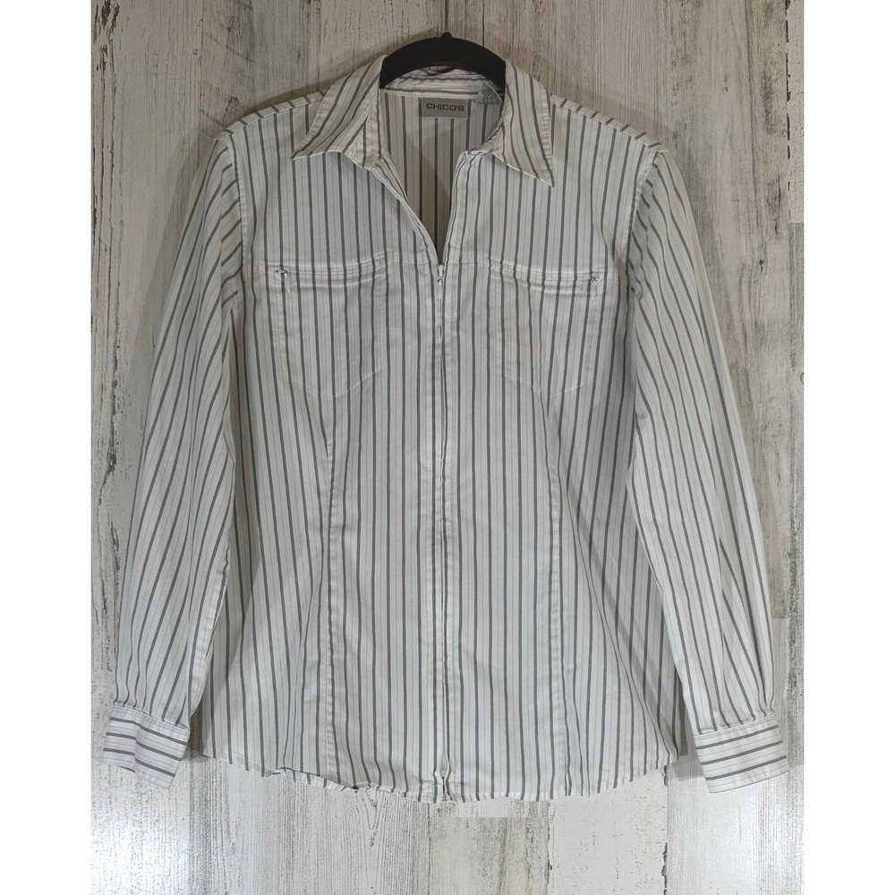Chicos Zip Front Blouse Size 0 or Small White Gray Striped Cotton Blend READ